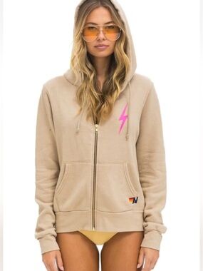 Aviator Nation Bolt 2 Zip Up Hoodie size Large Tan and Pink